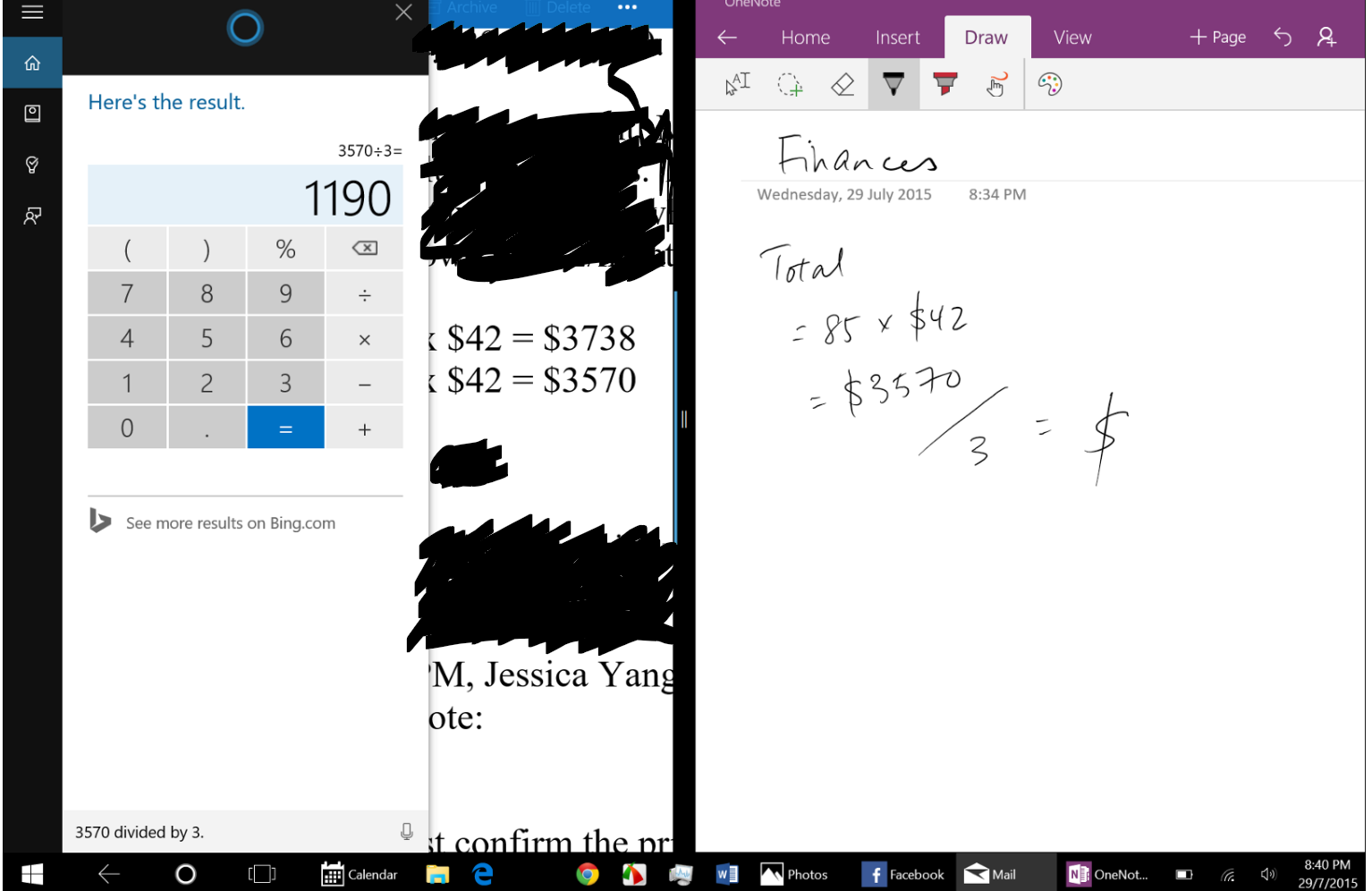 Windows 10 being used for actual notes, featuring Mail, OneNote and Cortana.